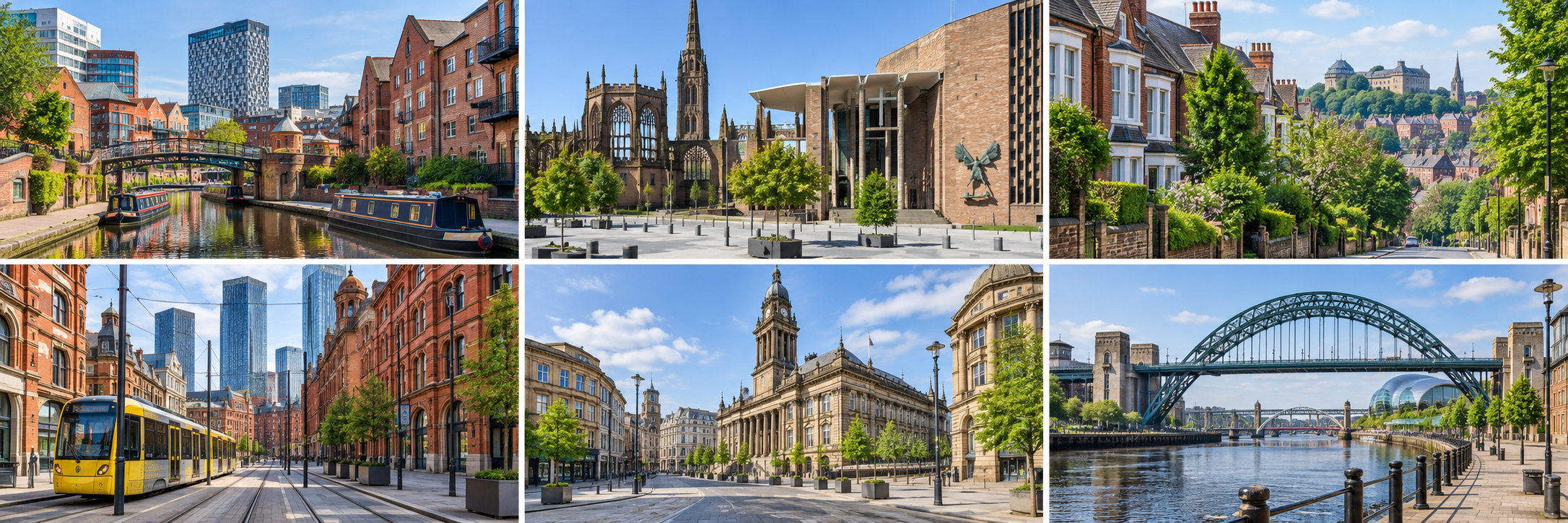 Regional views representing Birmingham, Coventry, Nottingham, Manchester, Leeds and Newcastle